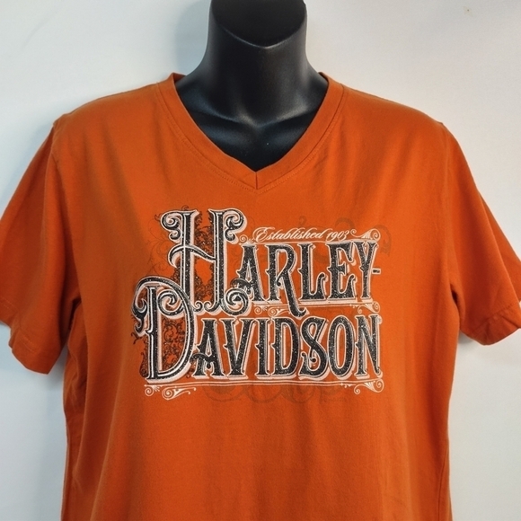 Harley-Davidson Women's Orange V-Neck T-shirt Size L - Picture 4 of 9